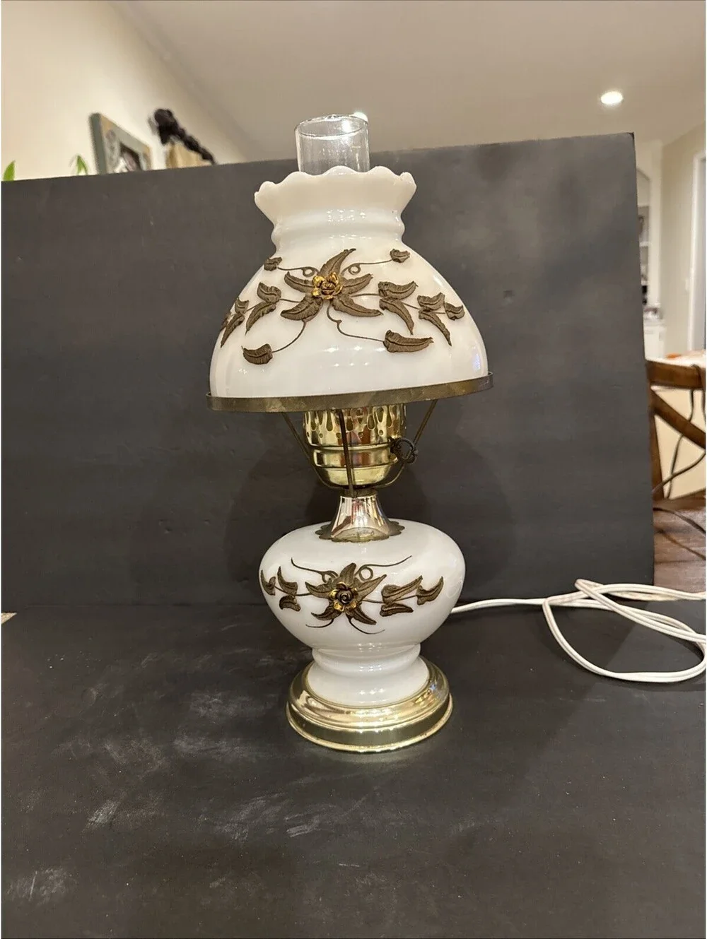 Vtg Falkenstein Milk Glass Hurricane Lamp Bronze Accent GWTW 15” H Rewired